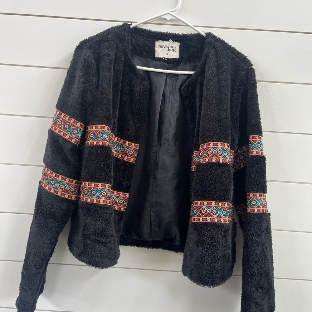 Savanna Jane Black and Red Teddy Jacket with Geometric Patterns